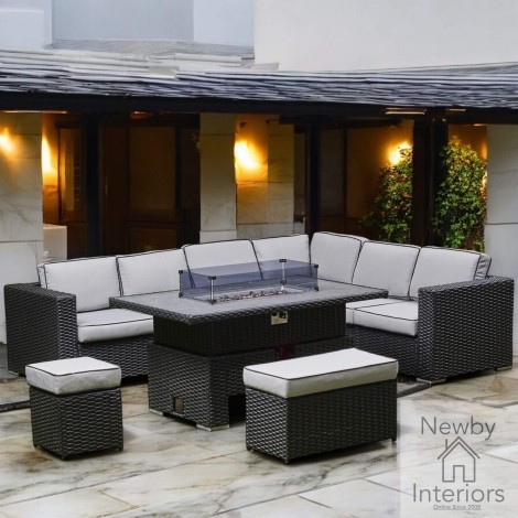 Chakra Outdoor Rattan Corner Rising Fire Pit Dining Set in Black