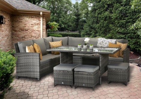 Charlotte - Outdoor - Grey - Corner Sofa With Glass Top Dining Table and 3 Stools - 8mm UV Treated Wicker 