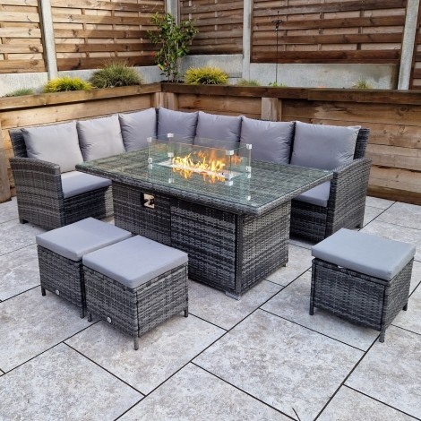 Charlotte - Outdoor - Grey - Corner Sofa With Glass Top Fire Pit Dining Table and 3 Stools - 8mm Flat Weave UV Treated Wicker