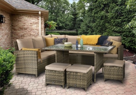 Charlotte - Outdoor - Brown - Corner Sofa With Glass Top Dining Table and 3 Stools - 8mm UV Treated Wicker