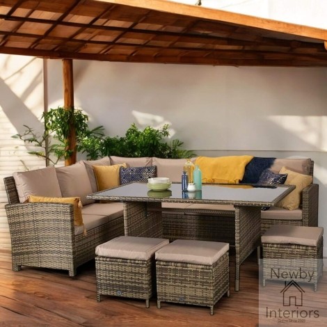 Charlotte Outdoor Brown Rattan Corner Sofa Dining Set