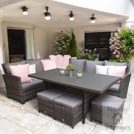 Charlotte Outdoor Grey Rattan Corner Sofa Dining Set (HDPE Wood Effect Top)