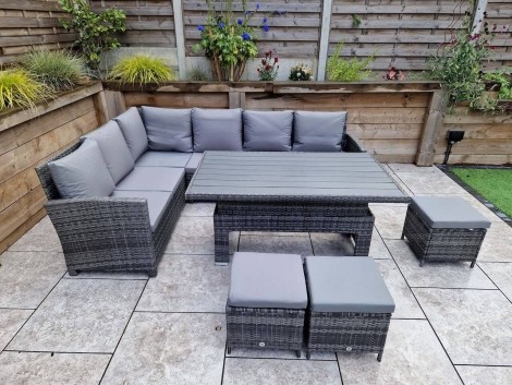 Georgia Outdoor Grey Rattan Corner Dining Sofa Set, Polywood Lift Table