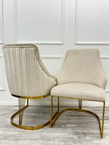 Pair Of Chelmsford - Cream Velvet - Vertical Ribbed Stitch Back - Dining Chairs - Gold Metal Base