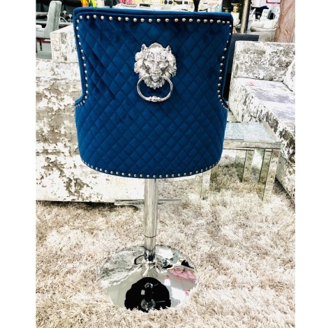 Chelsea -  Lion head Knocker - Quilted Back - Navy Blue Velvet Bar Stool