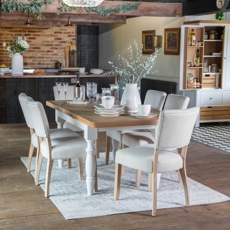 Cornwall - White Painted and Chunk Oak - 1.6m - Medium Butterfly Extending Dining Table & 6 Natural Fabric Upholstery - Dining Chair