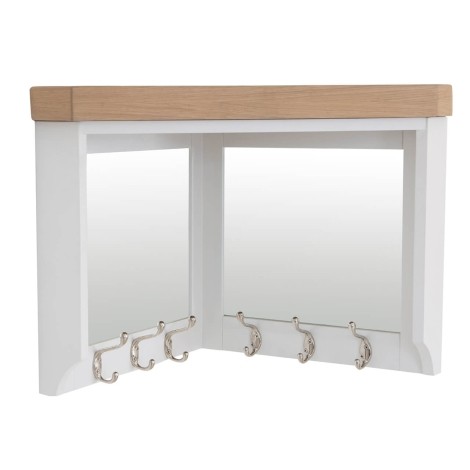 Farmhouse White & Oak Hallway Corner Mirror With Coat Hooks - Wall Mounted
