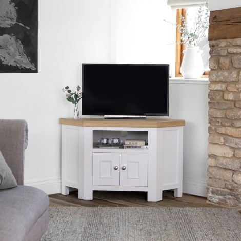 Cornwall - White Painted and Chunk Oak - Corner Media Unit / TV Unit - Open Shelf with 2 Doors 