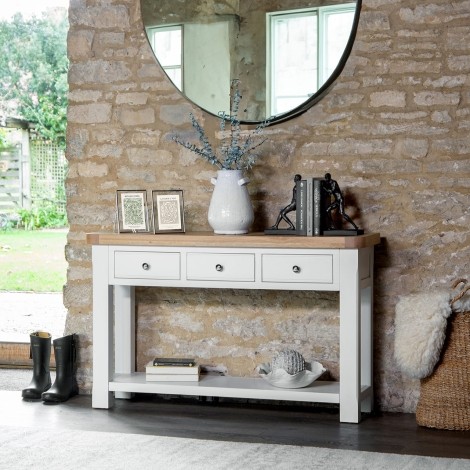 Cornwall - White Painted and Chunk Oak - Rectangular - 3 Drawer - Console Table with Shelf