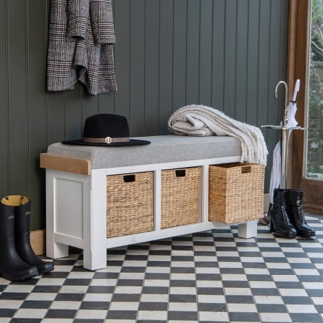 Cornwall - White Painted and Chunk Oak - 3 Wicker Basket - Large Hall Bench