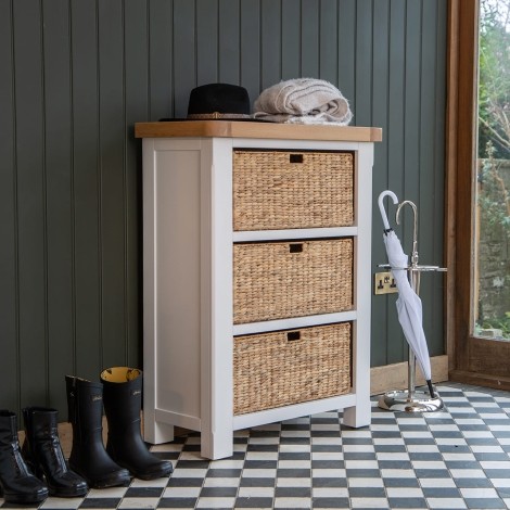 Cornwall - White Painted and Chunk Oak - 3 Wicker Basket - Large Storage Chest