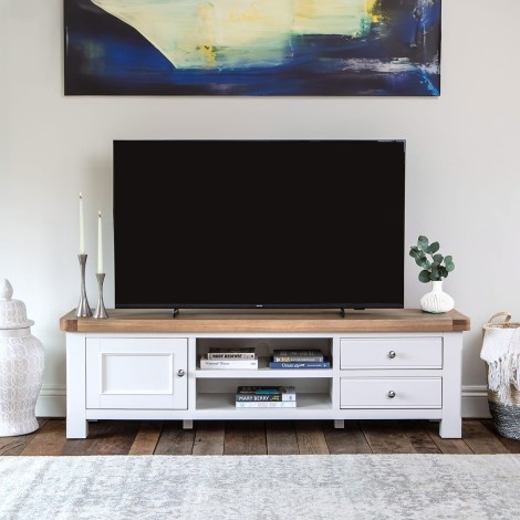 Cornwall - White Painted and Chunk Oak - 1 Door 2 Drawer - Square - Large Tv Unit