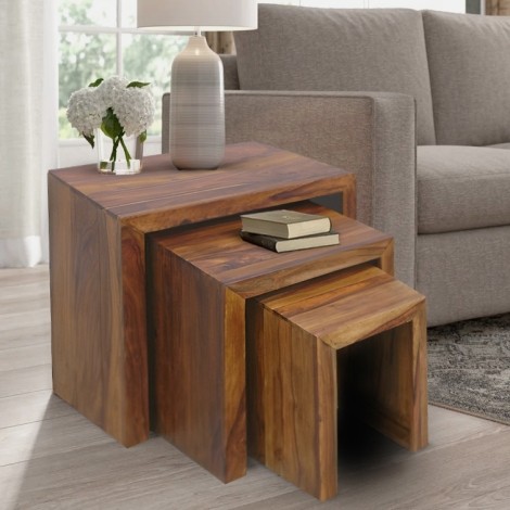 Agra - Sheesham Wood - Brown - Cube Nest Of 3 - Lamp Tables