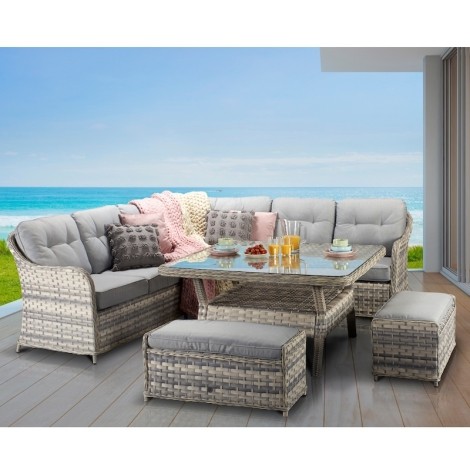 Constance - Outdoor - Silver Grey - Large Corner Sofa Set With Glass Top Dining Table and 2 Stools - UV Treated Wicker