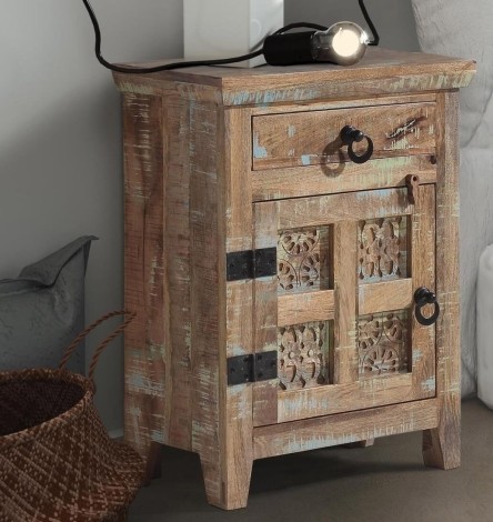 Aravali - Mango Wood - Brown - Bedside Table With 1 Door and 1 Drawer - Left Door