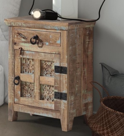 Aravali - Mango Wood - Brown - Bedside Table With 1 Door and 1 Drawer - Right Door