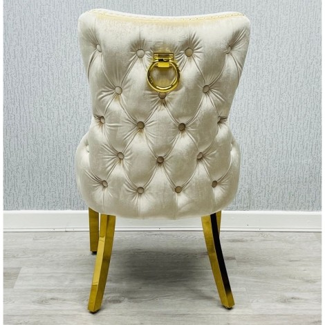 Pair Of -  Victoria - Round Gold Door Knocker - Buttoned Back - Cream Velvet - Dining Chairs With Gold Legs 