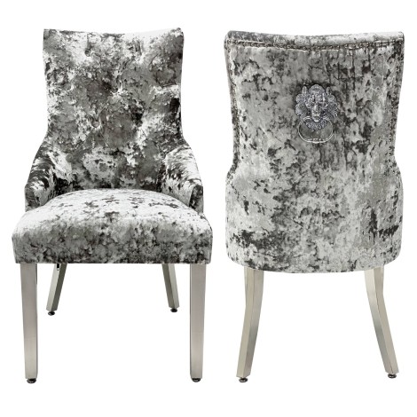 Pair Of -  Chelsea -  Lion head Knocker - Premium Silver Crushed Velvet Dining Chairs With Chrome Legs 