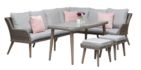 Danielle - Outdoor - Grey - Corner Sofa Low Arm and 2 Chairs With Glass Top Dining Table - UV Treated Wicker