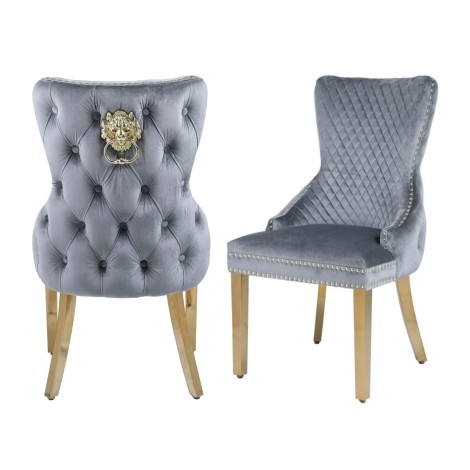 Pair Of -  Victoria - Lion head Gold Knocker - Buttoned Back - Grey Velvet - Dining Chairs With Gold Legs 