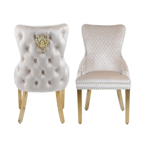 Pair Of -  Victoria - Lion head Gold Knocker - Buttoned Back - Cream Velvet - Dining Chairs With Gold Legs 