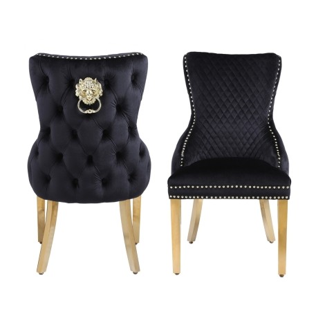 Pair Of -  Victoria - Lion head Gold Knocker - Buttoned Back - Black Velvet - Dining Chairs With Gold Legs 