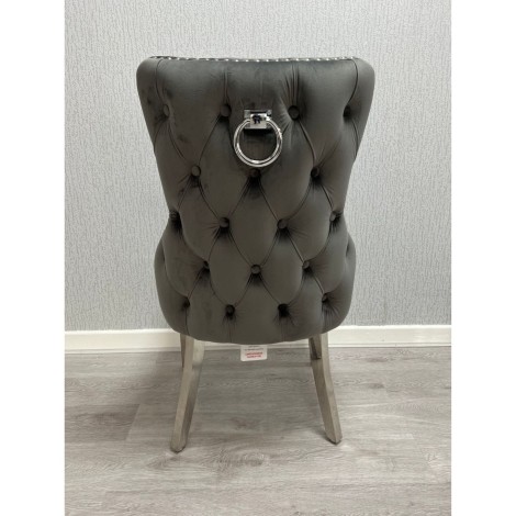 Pair Of -  Victoria - Round Knocker - Buttoned Back - Dark Grey - Velvet - Dining Chairs With Chrome Legs 