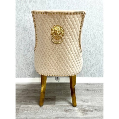 Pair Of - Chelsea - Gold Lion Door Knocker - Quilted Back - Cream/Beige Velvet - Dining Chairs With Gold Legs