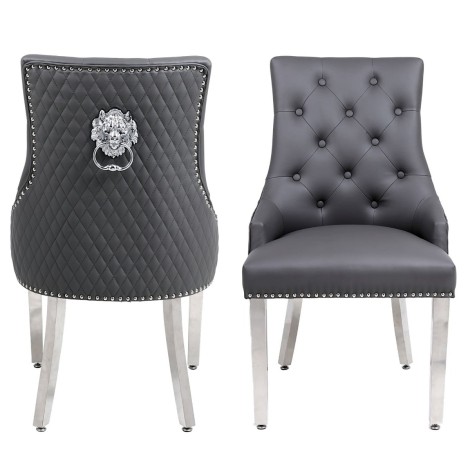 Pair Of -  Chelsea -  Lion head Knocker - Quilted Back - Grey PU - Dining Chairs With Chrome Legs 