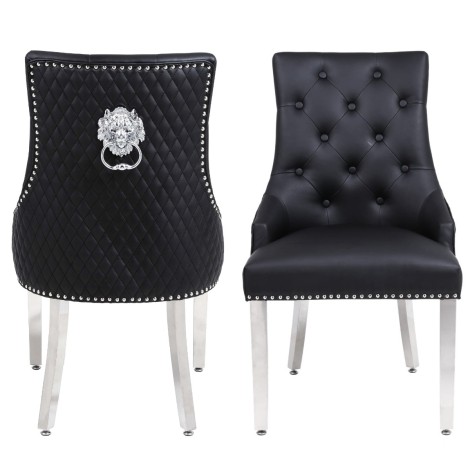 Pair Of -  Chelsea -  Lion head Knocker - Quilted Back - Black PU - Dining Chairs With Chrome Legs 