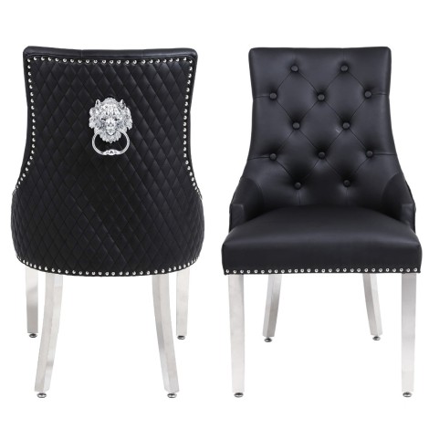 Majestic Black PU, Silver Lion Knocker Chair (Pair)