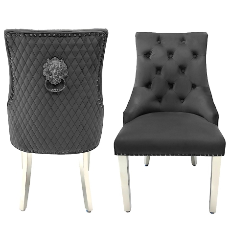 Pair Of -  Chelsea -  Lion head Knocker - Quilted Back - Dark Grey Velvet Dining Chairs With Chrome Legs 