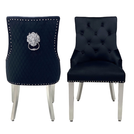Pair Of -  Chelsea -  Lion head Knocker - Quilted Back - Black Velvet - Dining Chairs With Chrome Legs 