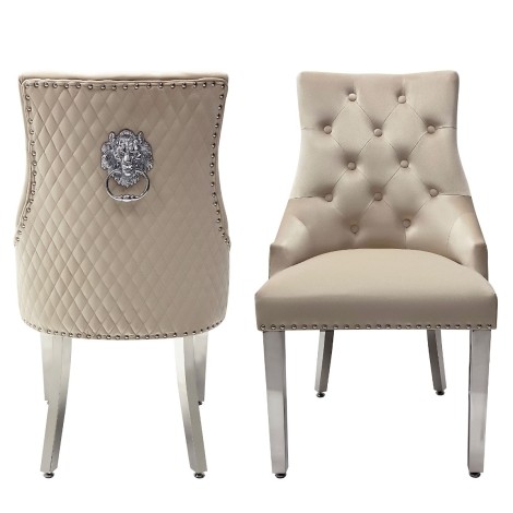 Pair Of -  Chelsea -  Lion head Knocker - Quilted Back - Beige / Cream Velvet - Dining Chairs With Chrome Legs 