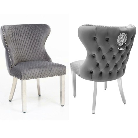 Pair Of -  Vicenza -  Lion head Knocker - Buttoned Back - Grey Velvet - Dining Chairs With Chrome Legs 