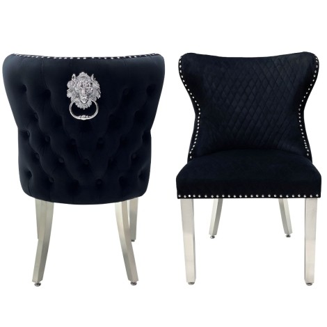 Valentino Black Velvet, Silver Lion Knocker Chair (Pair)