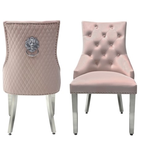 Pair Of -  Chelsea -  Lion head Knocker - Quilted Back - Pink - Dining Chairs With Chrome Legs 