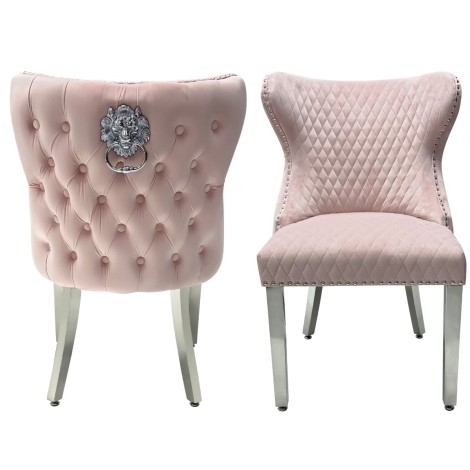 Pair Of -  Vicenza -  Lion head Knocker - Buttoned Back - Pink Velvet - Dining Chairs With Chrome Legs 