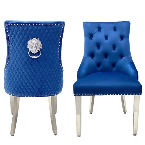 Pair Of -  Chelsea -  Lion head Knocker - Quilted Back - Navy Blue Velvet - Dining Chairs With Chrome Legs 