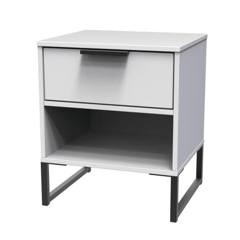 Diego - White Matt - Double 1 Drawer Bedside Table - Black Sleigh Leg