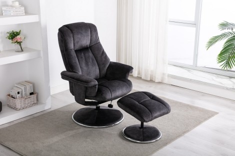 GFA - Denver - Liquorice Black - Fabric - Swivel Recliner Chair and Stool