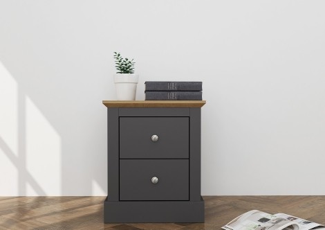 Devon - Charcoal Grey + Oak - Painted - 2 Drawer Bedside Cabinet / Nightstand / Bedside Table