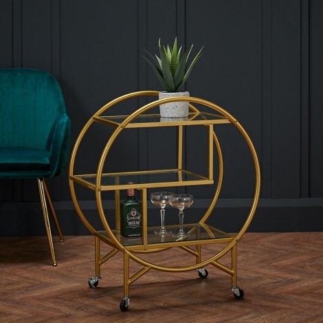 Dixie - Gold Metal - Round - 3 Glass Shelves - Drinks Trolley