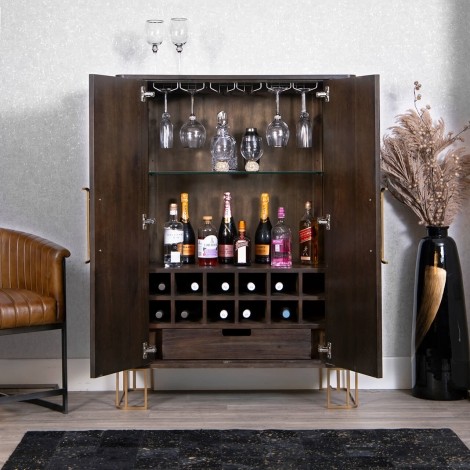 Bugari - Brown - 2 Door Drinks Cabinet - Gold Metallic Accent Legs