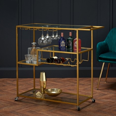 Porter - Gold Metal - Rectangular - 3 Glass Shelves - Drinks Trolley