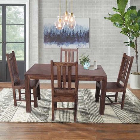 Dakota - Mango Wood - 145cm - Fixed Top Dining Table & 4 Dakota - Mango Wood - Slatted Back - Dining Chairs - Walnut Brown