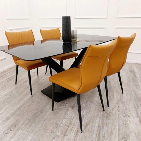 Apollo - Black - 1.6m/160cm - Sintered Stone Top - Rectangular - Dining Table & 6 Flora - Tan - Faux Leather Dining Chairs