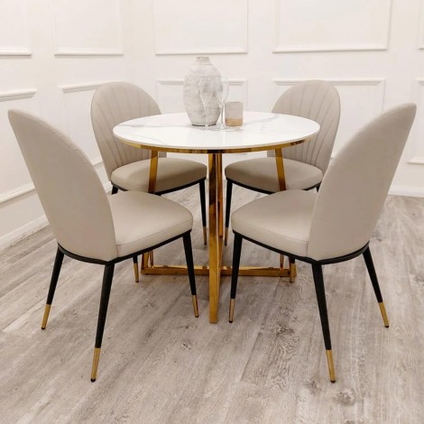 Juno - White - 90cm - Round - Dining Table - Sintered Stone Top & 4 Etta - Beige - Faux Leather Dining Chairs