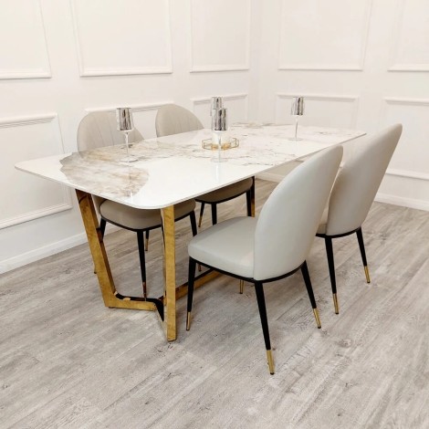 Lucien - Pandora Gold - 180cm/1.8m - Rectangular - Dining Table - Sintered Stone Top & 4 Etta - Beige - Faux Leather Dining Chairs