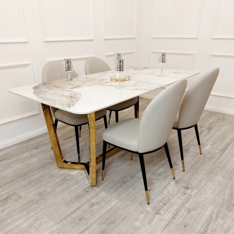 Lucien - Pandora Gold - 180cm/1.8m - Rectangular - Dining Table - Sintered Stone Top & 6 Etta - Beige - Faux Leather Dining Chairs